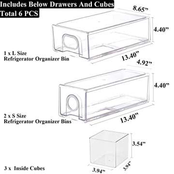 6 PCS Refrigerator Organizers And Storage Stackable Storage Drawers, Large Heavy Duty Fridge Organizer Bins Pull Out Refrigerator Organizer Bins, White Handle, 3 Drawers And 3 Small Cubes
