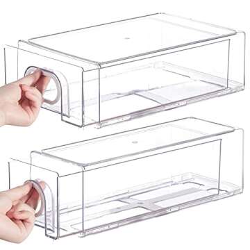 6 PCS Refrigerator Organizers And Storage Stackable Storage Drawers, Large Heavy Duty Fridge Organizer Bins Pull Out Refrigerator Organizer Bins, White Handle, 3 Drawers And 3 Small Cubes