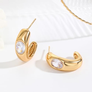 Sparkly Crystal Statement Earrings for Women Dainty 14k Gold Cubic Zirconia C Earrings Preppy Half Round Stud Earrings Party Prom Jewelry Accessories (White)