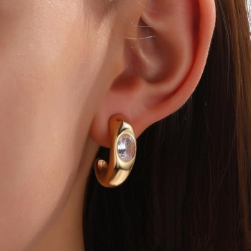 Sparkly Crystal Statement Earrings for Women Dainty 14k Gold Cubic Zirconia C Earrings Preppy Half Round Stud Earrings Party Prom Jewelry Accessories (White)