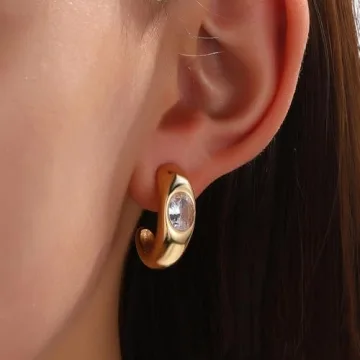 Sparkly Crystal Statement Earrings for Women Dainty 14k Gold Cubic Zirconia C Earrings Preppy Half Round Stud Earrings Party Prom Jewelry Accessories (White)