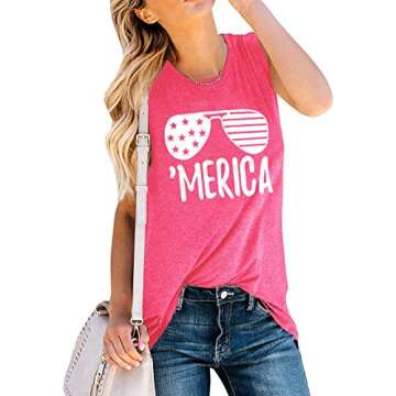 YI XIANG RAN American Flag Tank Tops Women Sunglass Graphic Tees Shirts Casual Sleeveless 4th of Jul...
