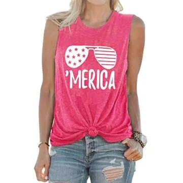YI XIANG RAN American Flag Tank Tops Women Sunglass Graphic Tees Shirts Casual Sleeveless 4th of July Shirt Tops (Red, Medium)