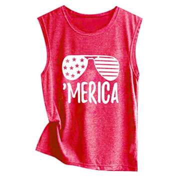 YI XIANG RAN American Flag Tank Tops Women Sunglass Graphic Tees Shirts Casual Sleeveless 4th of July Shirt Tops (Red, Medium)