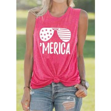 YI XIANG RAN American Flag Tank Tops Women Sunglass Graphic Tees Shirts Casual Sleeveless 4th of July Shirt Tops (Red, Medium)