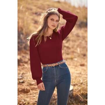 MASCOMODA Long Puff Sleeve Sweaters for Women 2024 Fall Winter Crewneck Knit Ribbed Bodysuit Pullover Tops(Wine Red,Medium)
