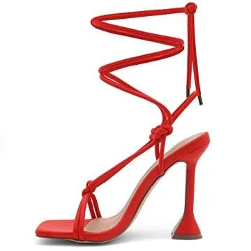 Shoe Land SL-Melody Women's Lace Up Heels Dressy Strappy Heels Square Open Toe Tie Up Stiletto High Heeled Sandals Black White Gold Fuchsia Red Heels for Prom Party, 1901Red, Size 8.5