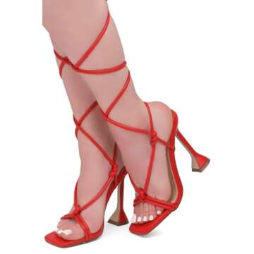 Shoe Land SL-Melody Women's Lace Up Heels Dressy Strappy Heels Square Open Toe Tie Up Stiletto High Heeled Sandals Black White Gold Fuchsia Red Heels for Prom Party, 1901Red, Size 8.5