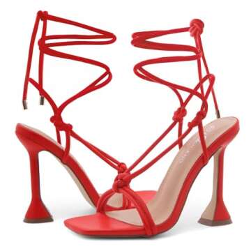 Shoe Land SL-Melody Women's Lace Up Heels Dressy Strappy Heels Square Open Toe Tie Up Stiletto High Heeled Sandals Black White Gold Fuchsia Red Heels for Prom Party, 1901Red, Size 8.5