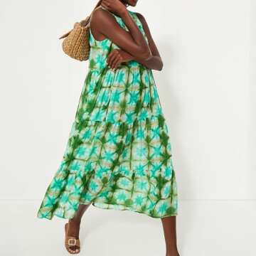 Womens 2024 Summer Maxi Dress Silhouette Sleeveless A-line Beach Dresses Bohemian V-Neck Green Print...