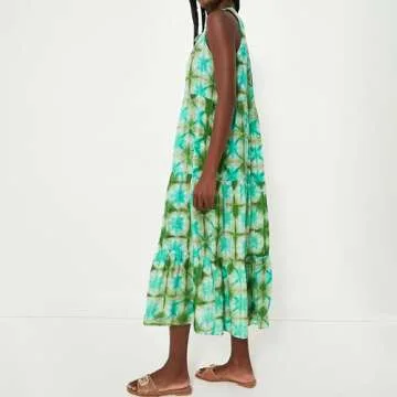 Womens 2024 Summer Maxi Dress Silhouette Sleeveless A-line Beach Dresses Bohemian V-Neck Green Print Casual Tiered Skirt (US, Alpha, Medium, Regular, Regular, Green)