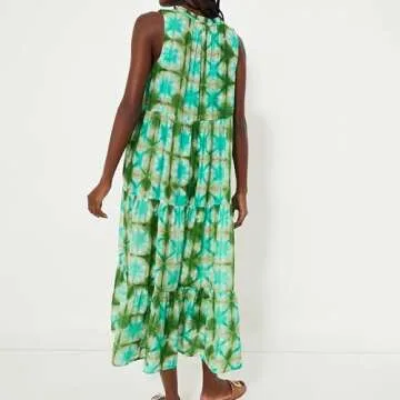 Womens 2024 Summer Maxi Dress Silhouette Sleeveless A-line Beach Dresses Bohemian V-Neck Green Print Casual Tiered Skirt (US, Alpha, Medium, Regular, Regular, Green)