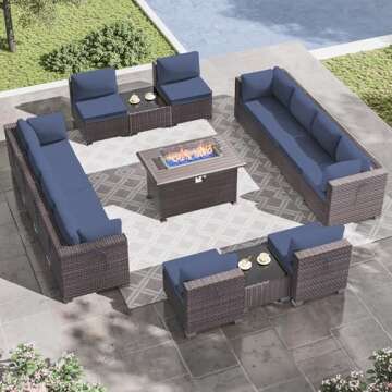 RTDTD Outdoor Patio Furniture Set with Propane Fire Pit Table, 15 Pieces Outdoor Furniture Patio Sectional Sofa Conversation Sets w/ETL Approved 43" Gas Outdoor Fire Table & Coffee Table(Dark Blue)