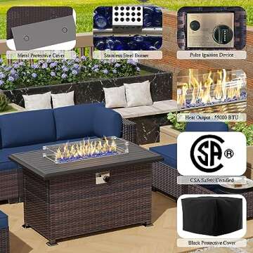 RTDTD Outdoor Patio Furniture Set with Propane Fire Pit Table, 15 Pieces Outdoor Furniture Patio Sectional Sofa Conversation Sets w/ETL Approved 43" Gas Outdoor Fire Table & Coffee Table(Dark Blue)