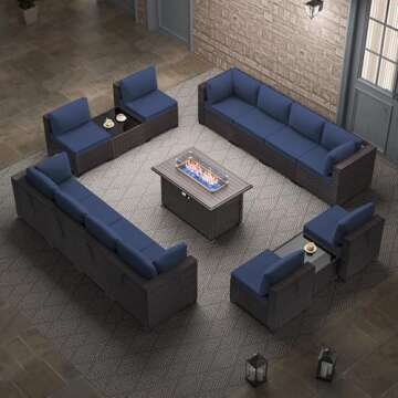 RTDTD Outdoor Patio Furniture Set with Propane Fire Pit Table, 15 Pieces Outdoor Furniture Patio Sectional Sofa Conversation Sets w/ETL Approved 43" Gas Outdoor Fire Table & Coffee Table(Dark Blue)