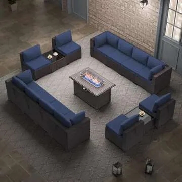 RTDTD Outdoor Patio Furniture Set with Propane Fire Pit Table, 15 Pieces Outdoor Furniture Patio Sectional Sofa Conversation Sets w/ETL Approved 43" Gas Outdoor Fire Table & Coffee Table(Dark Blue)