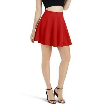 Women's Basic Versatile Stretchy Flared Casual Mini Skater Skirt (X-Large, Red)