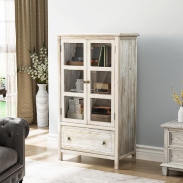 VINGLI Display Cabinet with Glass Doors and Drawer, Tempered Glass Cabinet Display Case, Rustic Whit...