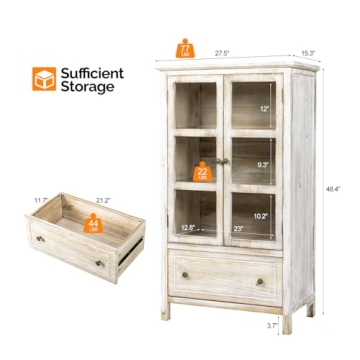 VINGLI Rustic Display Cabinet with Glass Doors and Storage