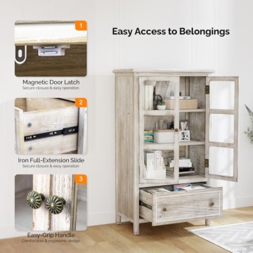 VINGLI Rustic Display Cabinet with Glass Doors and Storage