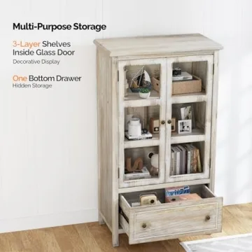 VINGLI Rustic Display Cabinet with Glass Doors and Storage