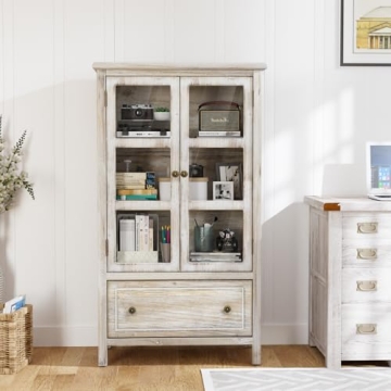 VINGLI Rustic Display Cabinet with Glass Doors and Storage