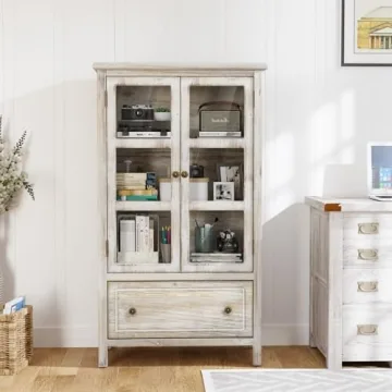VINGLI Rustic Display Cabinet with Glass Doors and Storage