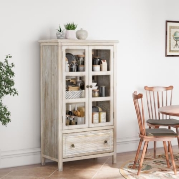 VINGLI Rustic Display Cabinet with Glass Doors and Storage