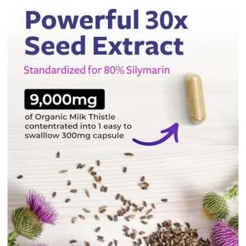 USDA Organic Milk Thistle Capsules - 80% Silymarin Supplement for Liver Support- Super Concentrated 300mg of 30:1 Milk Thistle Extract Equivalent to 9,000mg - Milk Thistle Liver Detox 60 Day Supply