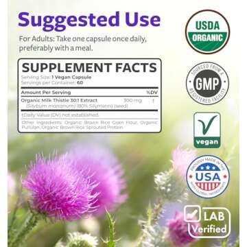 USDA Organic Milk Thistle Capsules - 80% Silymarin Supplement for Liver Support- Super Concentrated 300mg of 30:1 Milk Thistle Extract Equivalent to 9,000mg - Milk Thistle Liver Detox 60 Day Supply