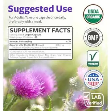 USDA Organic Milk Thistle Capsules - 80% Silymarin Supplement for Liver Support- Super Concentrated 300mg of 30:1 Milk Thistle Extract Equivalent to 9,000mg - Milk Thistle Liver Detox 60 Day Supply