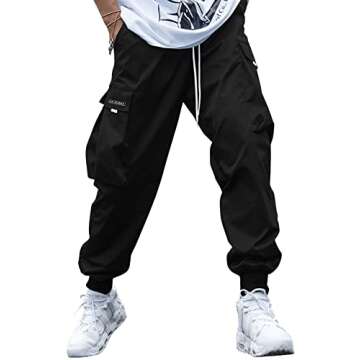 OYOANGLE Men's Casual Drawstring Elastic Waist Flap Pocket Letter Graphic Street Jogger Cargo Pants Dark Black XL