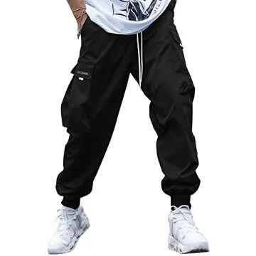 OYOANGLE Men's Casual Drawstring Elastic Waist Flap Pocket Letter Graphic Street Jogger Cargo Pants Dark Black XL