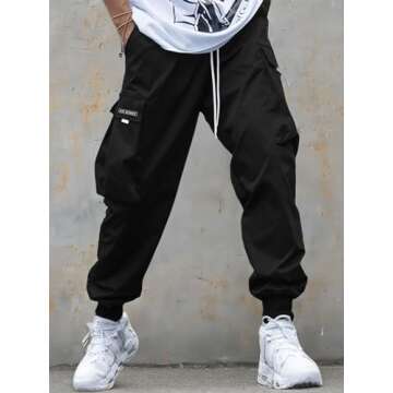 OYOANGLE Men's Casual Drawstring Elastic Waist Flap Pocket Letter Graphic Street Jogger Cargo Pants Dark Black XL
