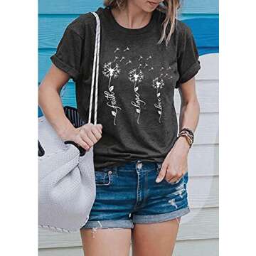Dandelion Faith Hope Love T-Shirt for Women Funny Letter Print Short Sleeve Casual Tee Tops (Dark Grey, Large)