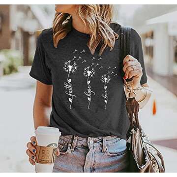 Dandelion Faith Hope Love T-Shirt for Women Funny Letter Print Short Sleeve Casual Tee Tops (Dark Grey, Large)
