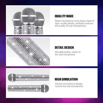 Threan 2 Pcs Fake Microphone Prop Sparkly Glitter Rhinestone Bedazzled Pretend Plastic Play Microphone Toy Mic for Cosplay Party Costume(Silver)