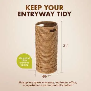 KOUBOO La Jolla Rattan Umbrella Stand, Handmade, Honey Brown, Umbrella Holder, Sturdy, Walking Sticks, Canes, Entryway, Mudroom, Office, Dip Tray, Home Decor