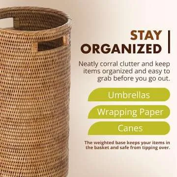 KOUBOO La Jolla Rattan Umbrella Stand, Handmade, Honey Brown, Umbrella Holder, Sturdy, Walking Sticks, Canes, Entryway, Mudroom, Office, Dip Tray, Home Decor