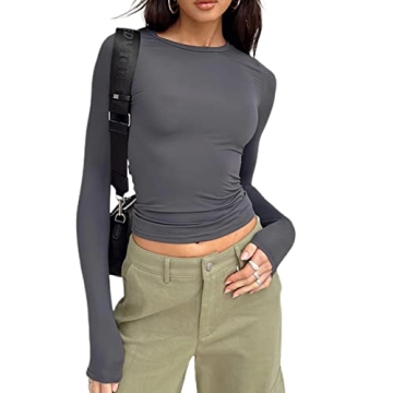 Women's Fall Casual Slim Fit Basic Crop Tops Solid Color Long Sleeve Crew Neck Pullover Tight Tee Sh...