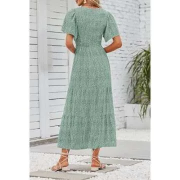 ZESICA Women's 2025 Summer Casual Floral Print Short Flutter Sleeve Crew Neck Smocked High Waist Flowy Maxi Dress,Sage,Large