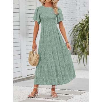 ZESICA Women's 2025 Summer Casual Floral Print Short Flutter Sleeve Crew Neck Smocked High Waist Flowy Maxi Dress,Sage,Large