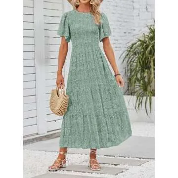 ZESICA Women's 2025 Summer Casual Floral Print Short Flutter Sleeve Crew Neck Smocked High Waist Flowy Maxi Dress,Sage,Large
