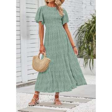 ZESICA Women's 2025 Summer Casual Floral Print Short Flutter Sleeve Crew Neck Smocked High Waist Flowy Maxi Dress,Sage,Large