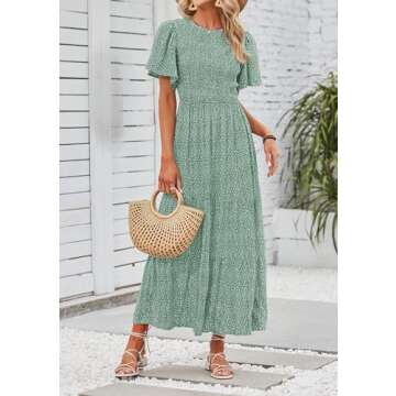 ZESICA Women's 2025 Summer Casual Floral Print Short Flutter Sleeve Crew Neck Smocked High Waist Flowy Maxi Dress,Sage,Large