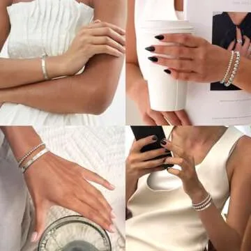 doubgood Silver Bracelets for Women Stackable Silver Bangles Friendship Beaded Bracelets Jewelry Set for Mother's Day Gifts Valentine Wedding Birthday 7.0INCH