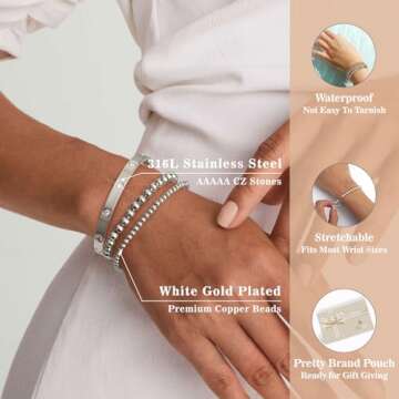 doubgood Silver Bracelets for Women Stackable Silver Bangles Friendship Beaded Bracelets Jewelry Set for Mother's Day Gifts Valentine Wedding Birthday 7.0INCH