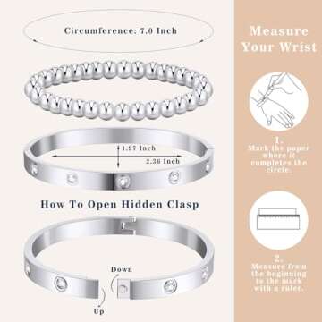 doubgood Silver Bracelets for Women Stackable Silver Bangles Friendship Beaded Bracelets Jewelry Set for Mother's Day Gifts Valentine Wedding Birthday 7.0INCH