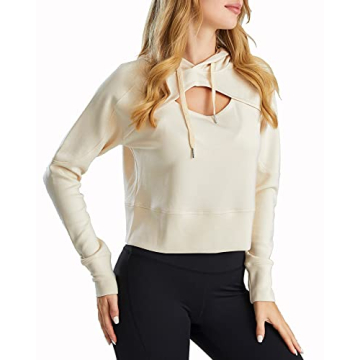 Women's Cropped Hoodie Workout Casual Long Sleeve Beige