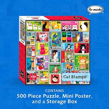 Re-marks Cat Postage-Stamp Collage Puzzle, 500-Piece Puzzle for All Ages